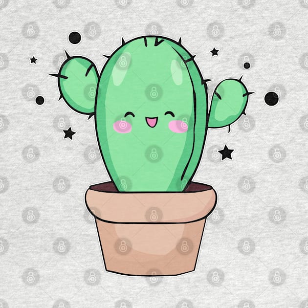 Happy smiling baby cactus in vase with stars. Kawaii cartoon by SPJE Illustration Photography